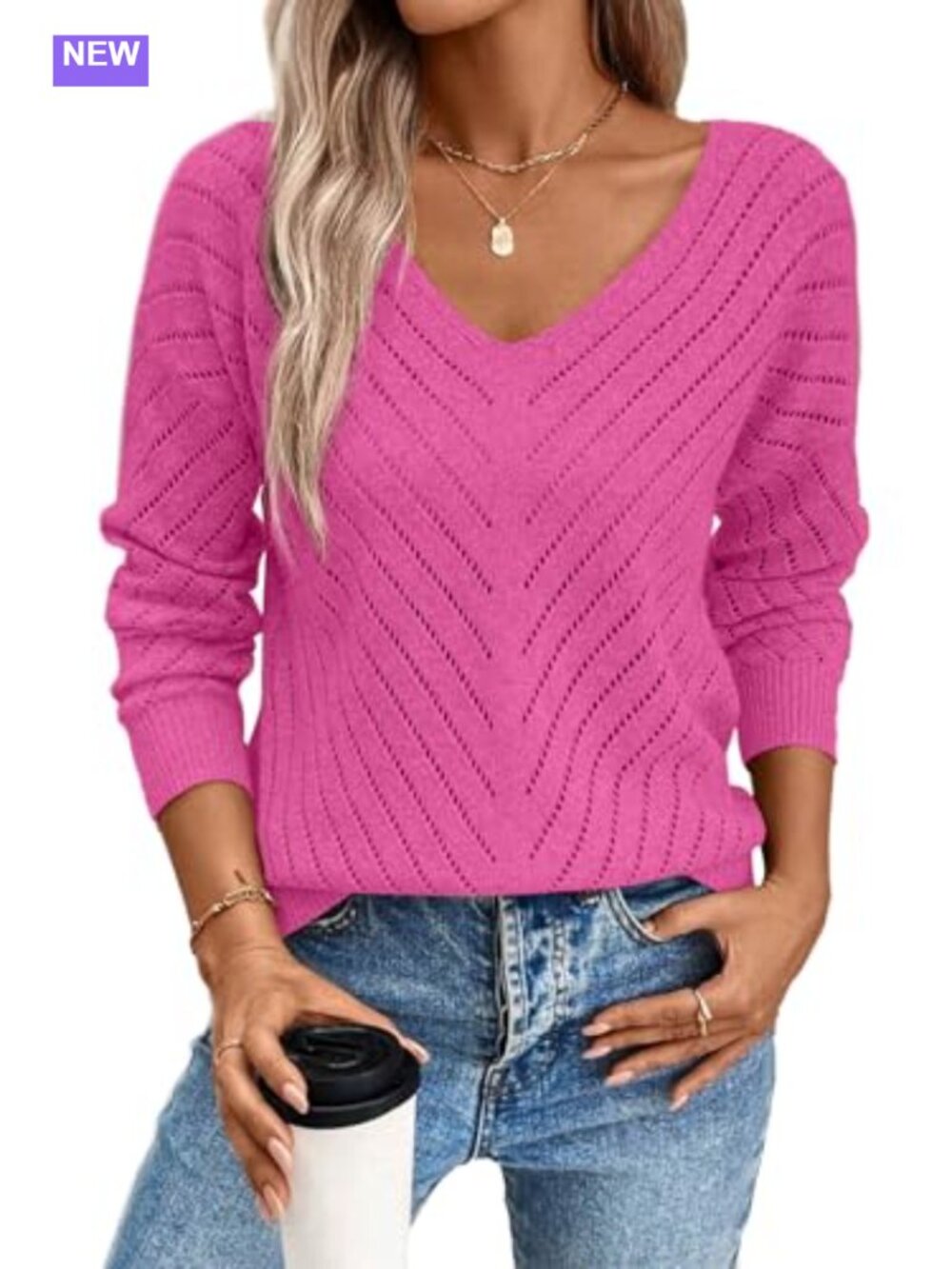 V Neck Long Sleeve Hollow Out Crochet Knit Sweater Pullover